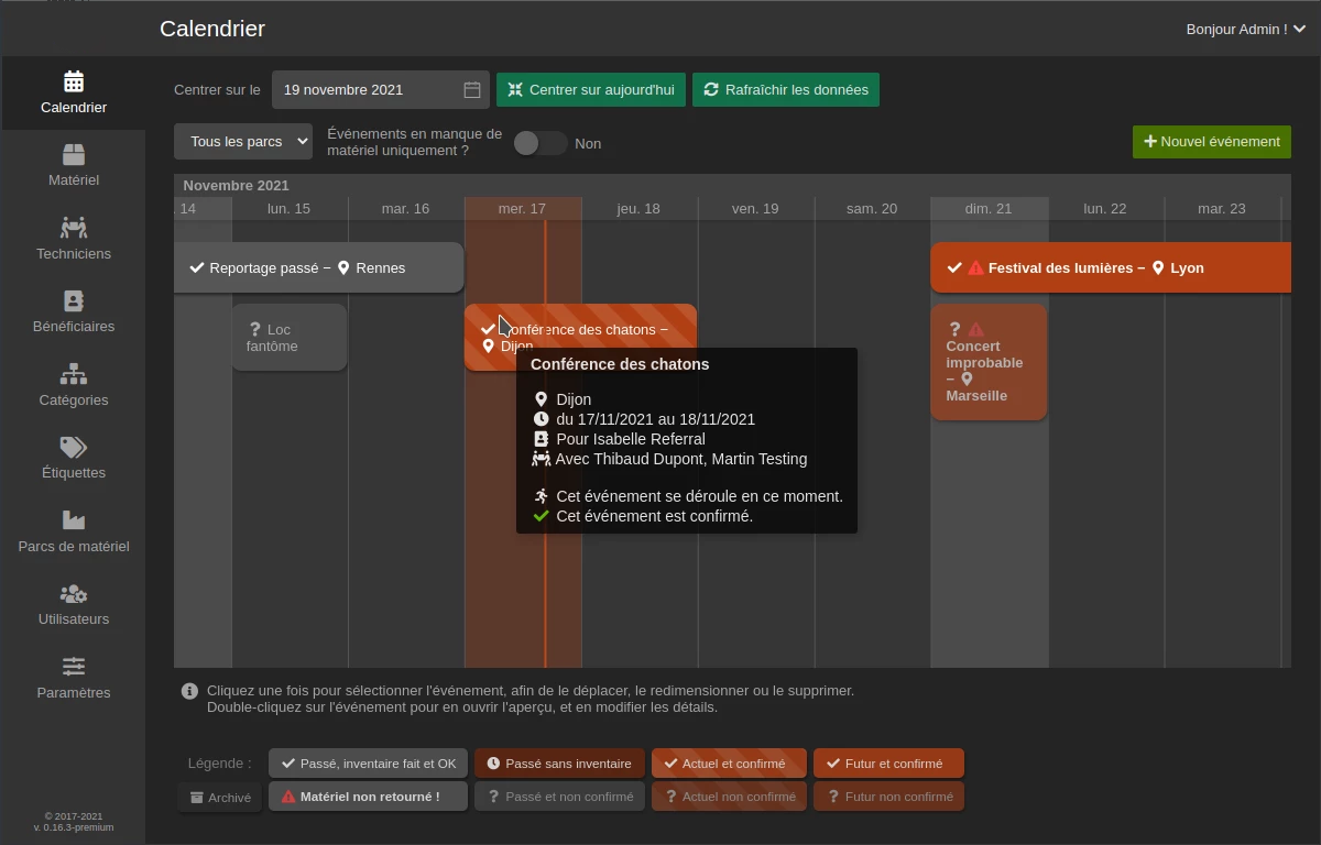 Calendrier de l'application